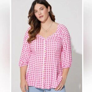 Torrid Top size 2X Pink Plaid Gingham Fit & Flare Feminine Button Down
